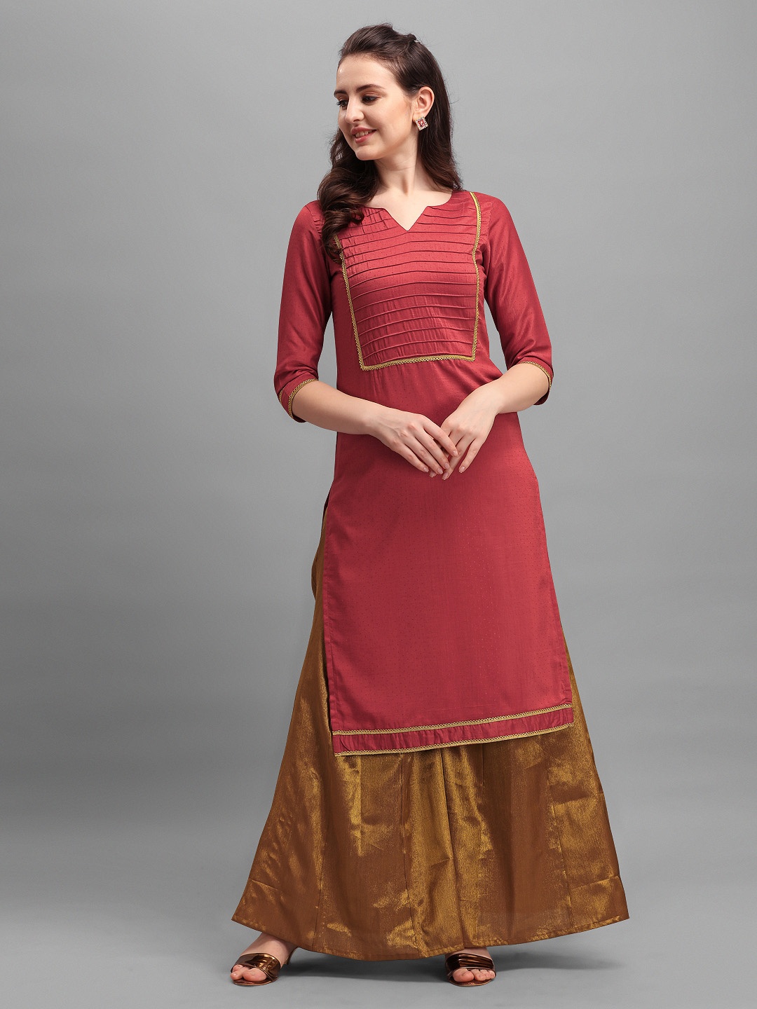 

Inddus Women Rust Yoke Design Silk Kurta