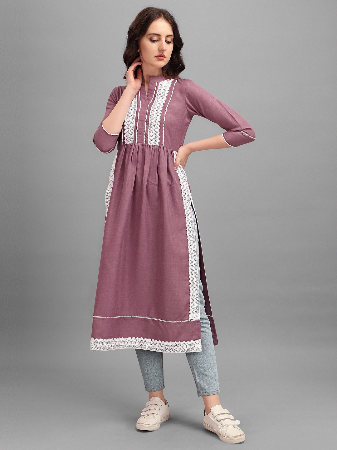 

Inddus Women Purple & White Yoke Design Pleated Laced Kurta