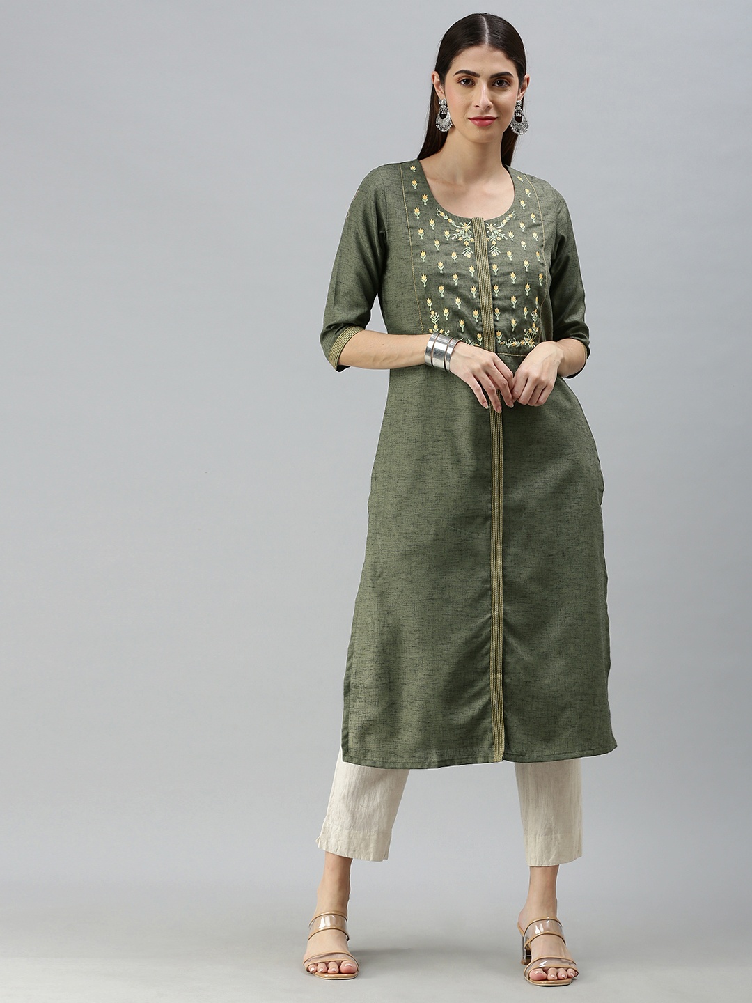

ETIQUETTE Women Olive Green Ethnic Motifs Yoke Design Thread Work Kurta