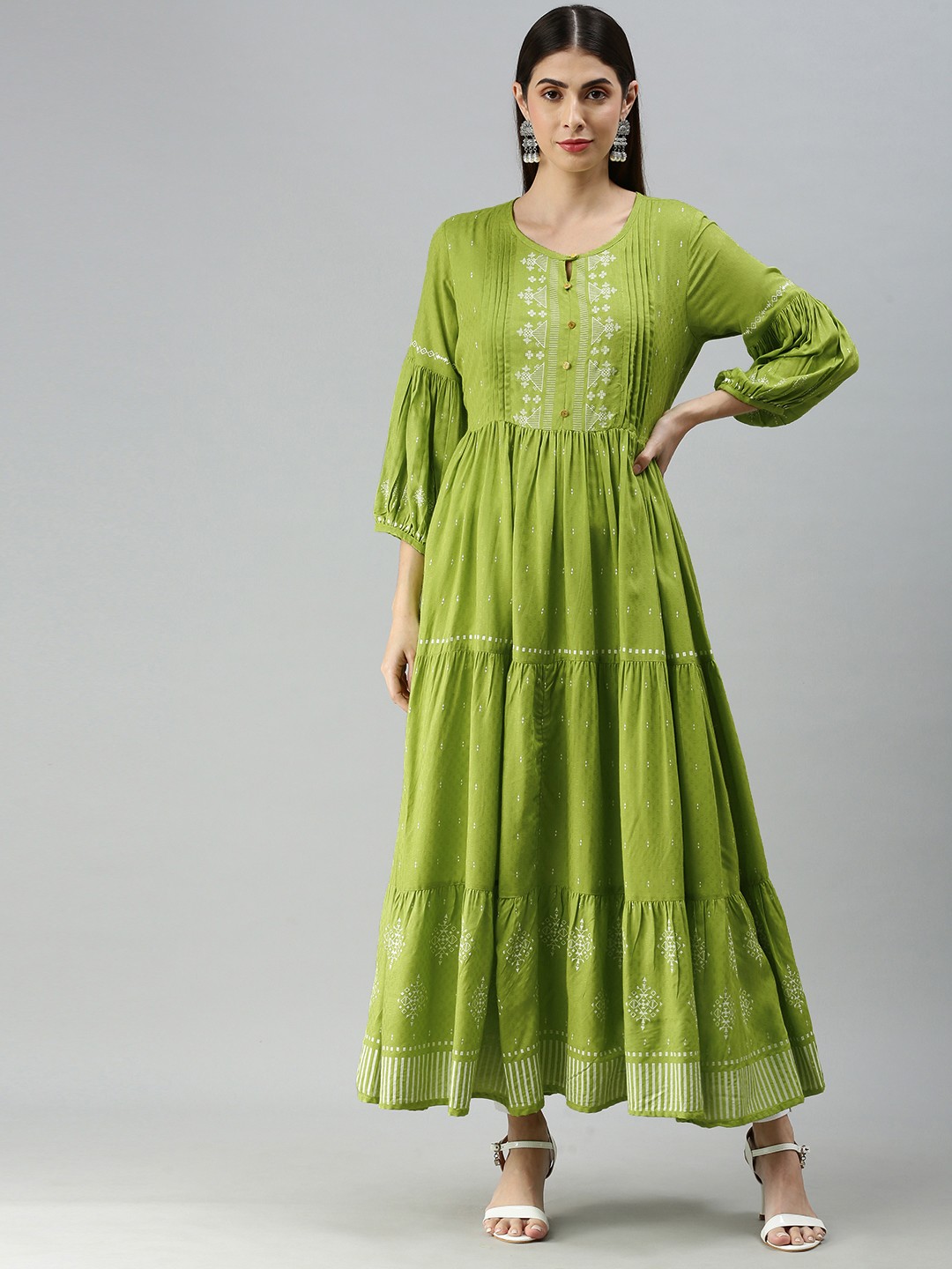 

ETIQUETTE Women Green Ethnic Motifs Printed Keyhole Neck Dobby Kurta