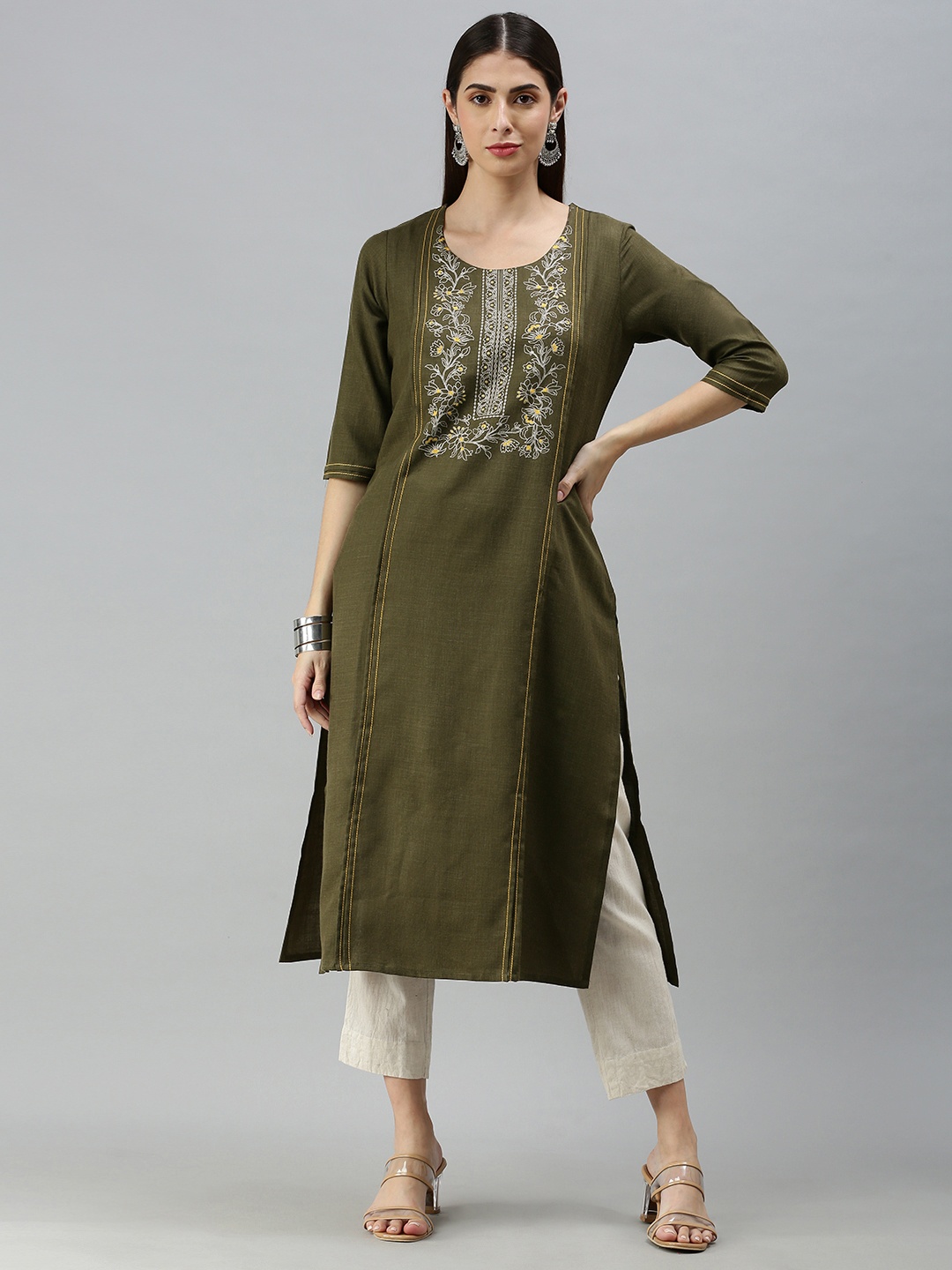 

ETIQUETTE Women Olive Green Ethnic Motifs Yoke Design Thread Work Kurta