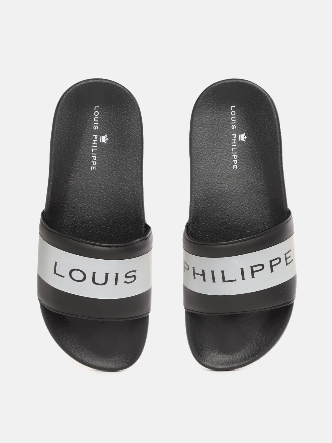 

Louis Philippe Men Black & Grey Striped Sliders with Brand Logo Print Detail