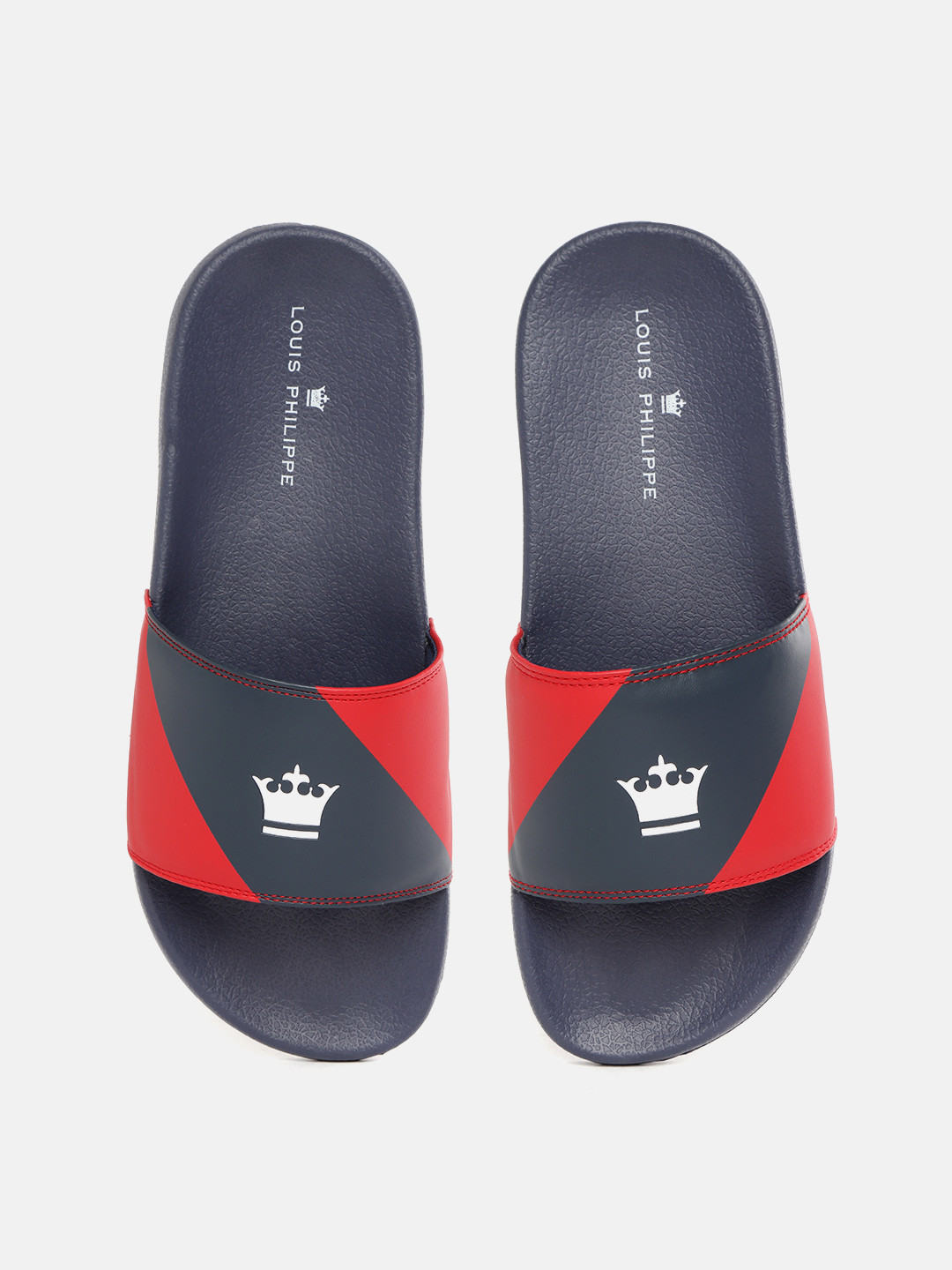 

Louis Philippe Men Navy Blue & Red Striped Sliders with Brand Logo Print Detail