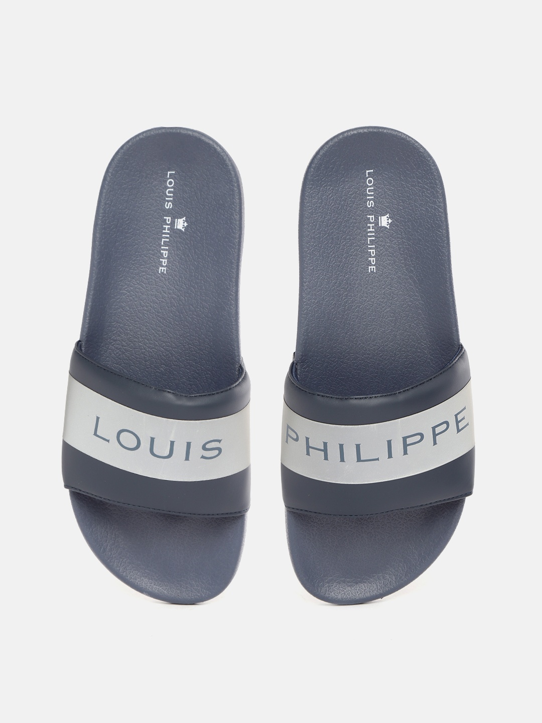 

Louis Philippe Men Navy Blue & Grey Striped Sliders with Brand Logo Print Detail
