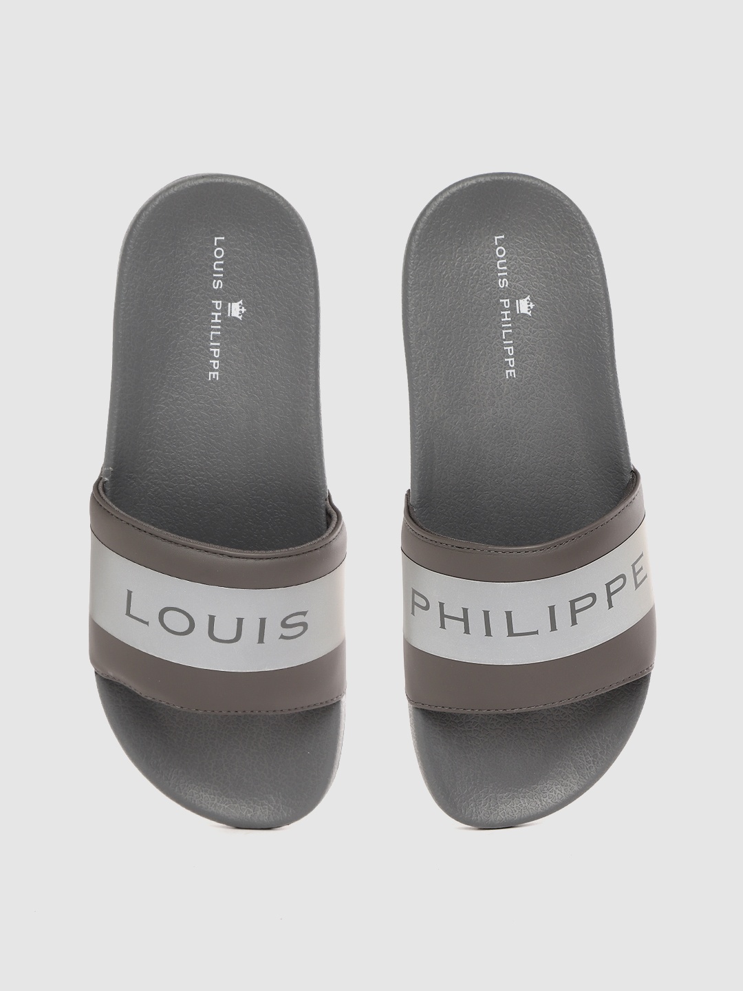 

Louis Philippe Men Grey Striped Sliders with Brand Logo Print Detail