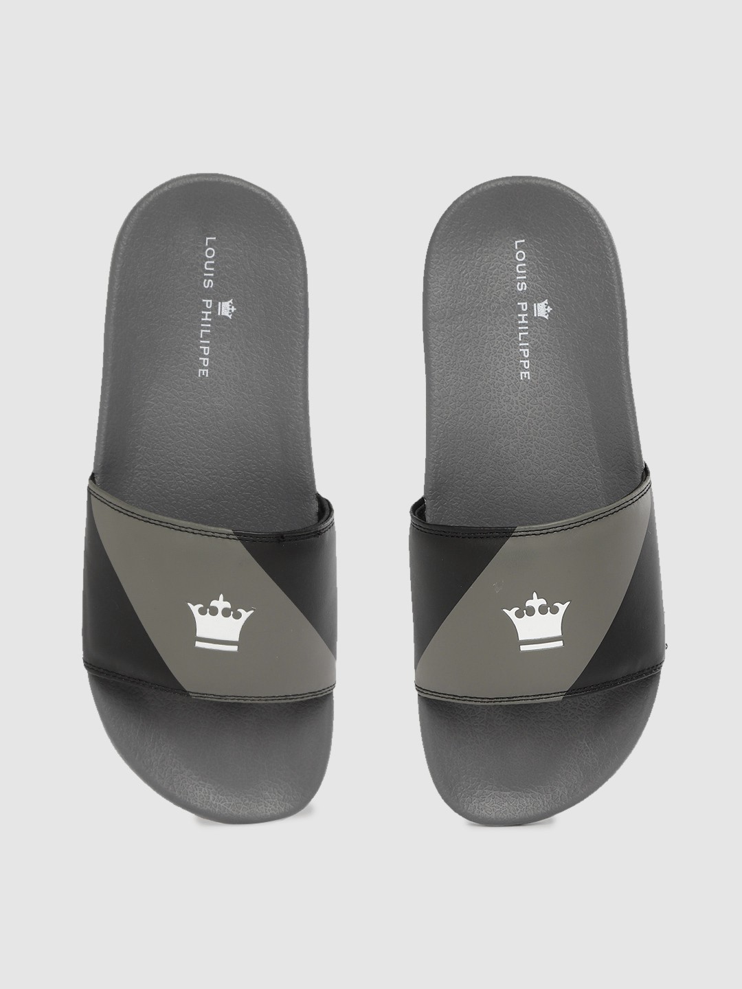 

Louis Philippe Men Charcoal Grey & Black Striped Sliders with Brand Logo Print Detail