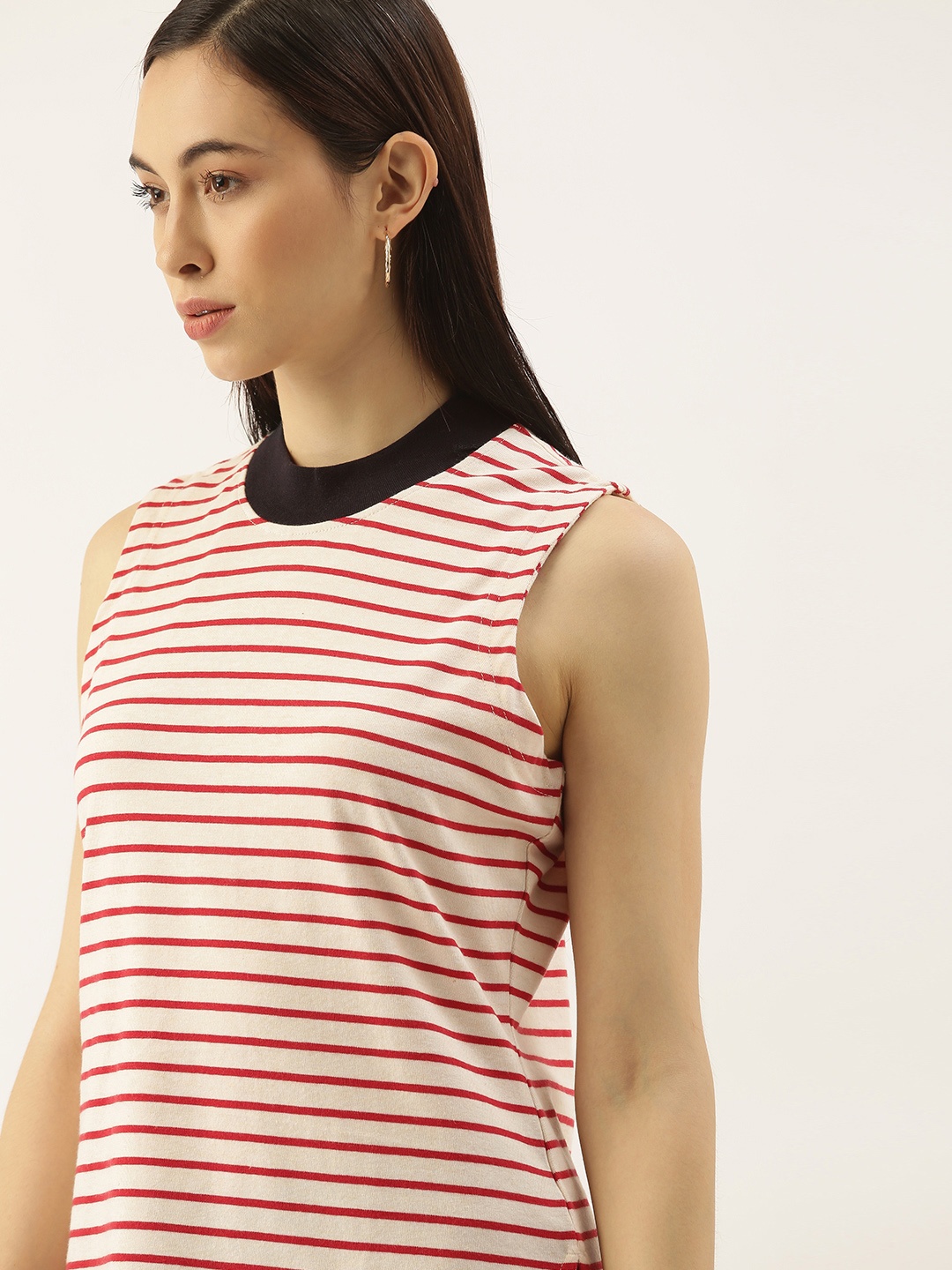 

her by invictus Women Off White & Red Striped High Neck T-shirt