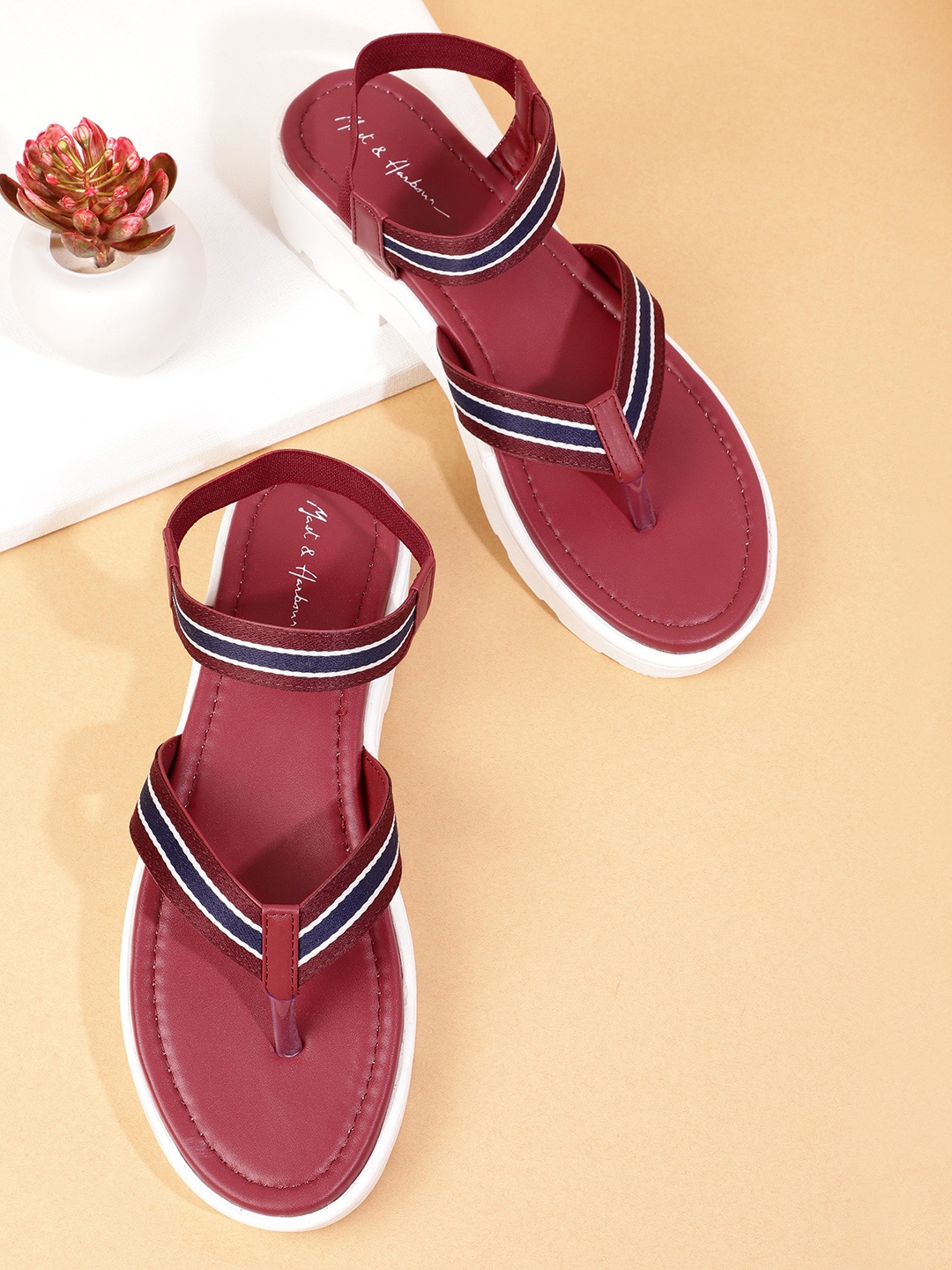 

Mast & Harbour Women Maroon & Navy Striped Open Toe Flats