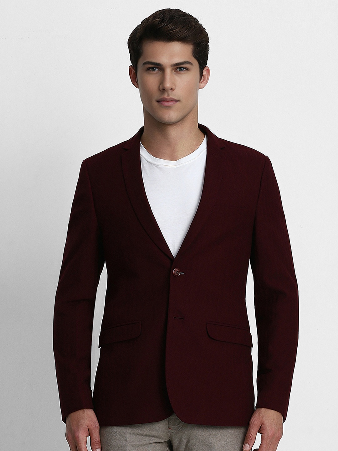 

Louis Philippe Sport Men Maroon Self Design Single-Breasted Cotton Formal Blazer