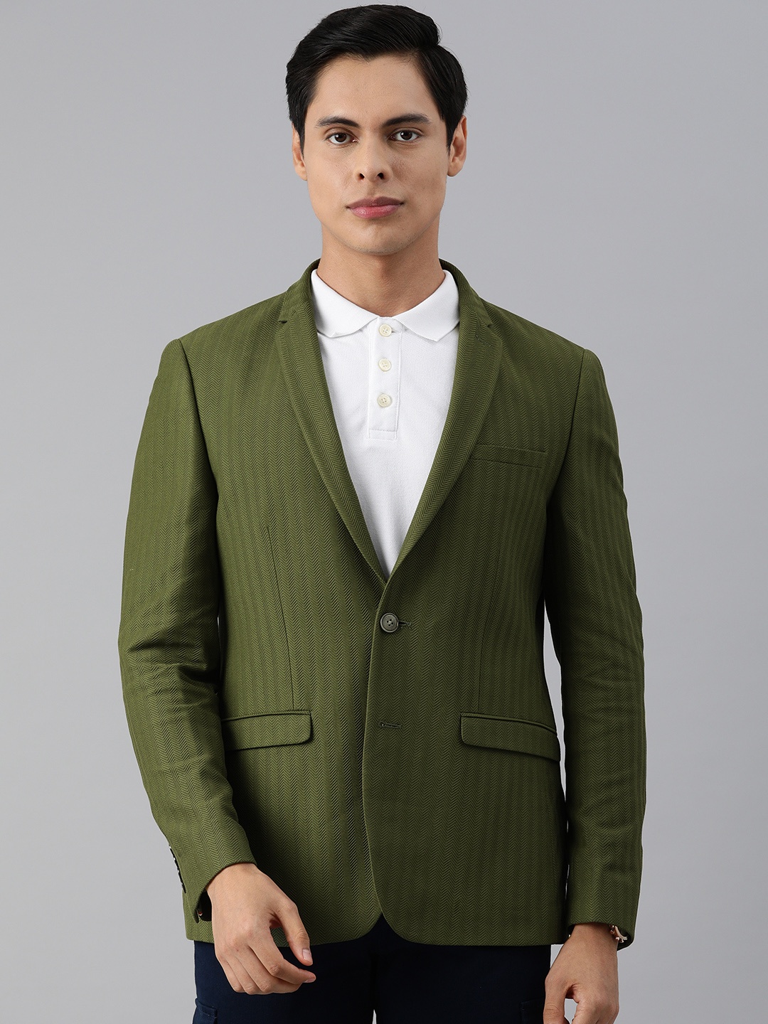 

Louis Philippe Sport Men Olive Green Self Design Single-Breasted Super Slim-Fit Blazer