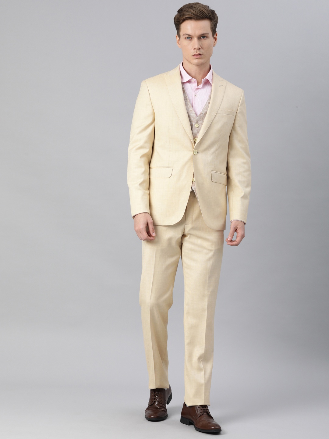 

Louis Philippe Men Beige Checked Slim Fit 3 Piece Suit