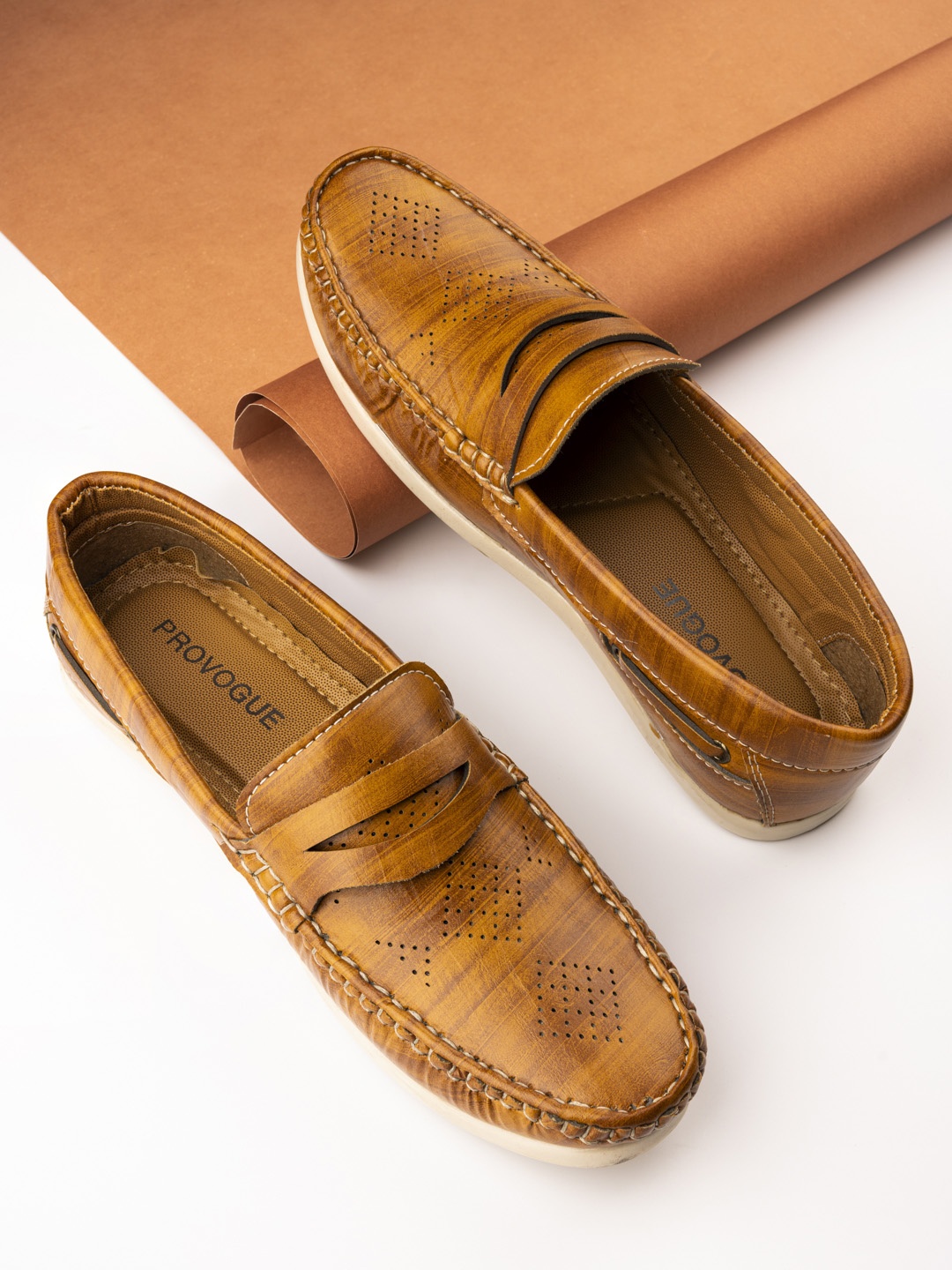 

Provogue Men Tan Brown Perforations Synthetic Leather Loafers