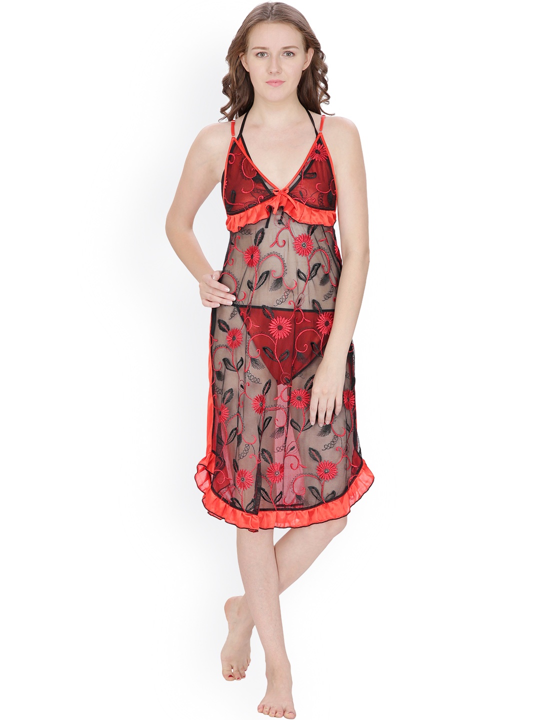 

Secret Wish Black & Red Sheer Embroidered Baby-Doll BD-E25-289