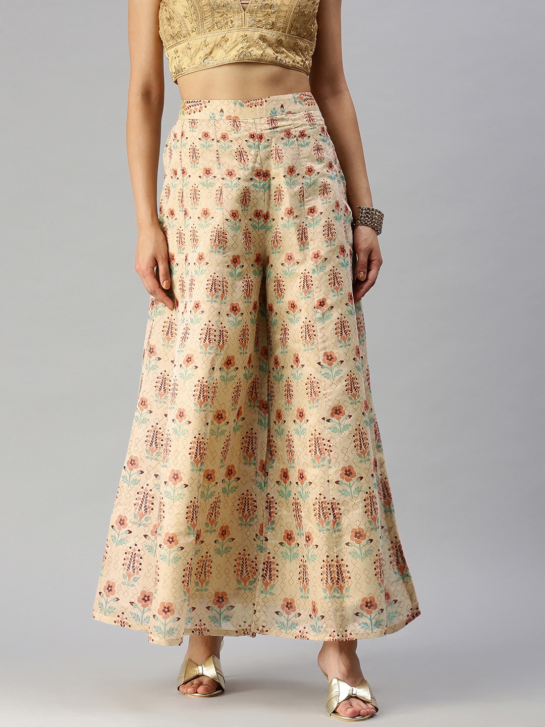 

Global Desi Women Beige & Coral Printed Palazzos