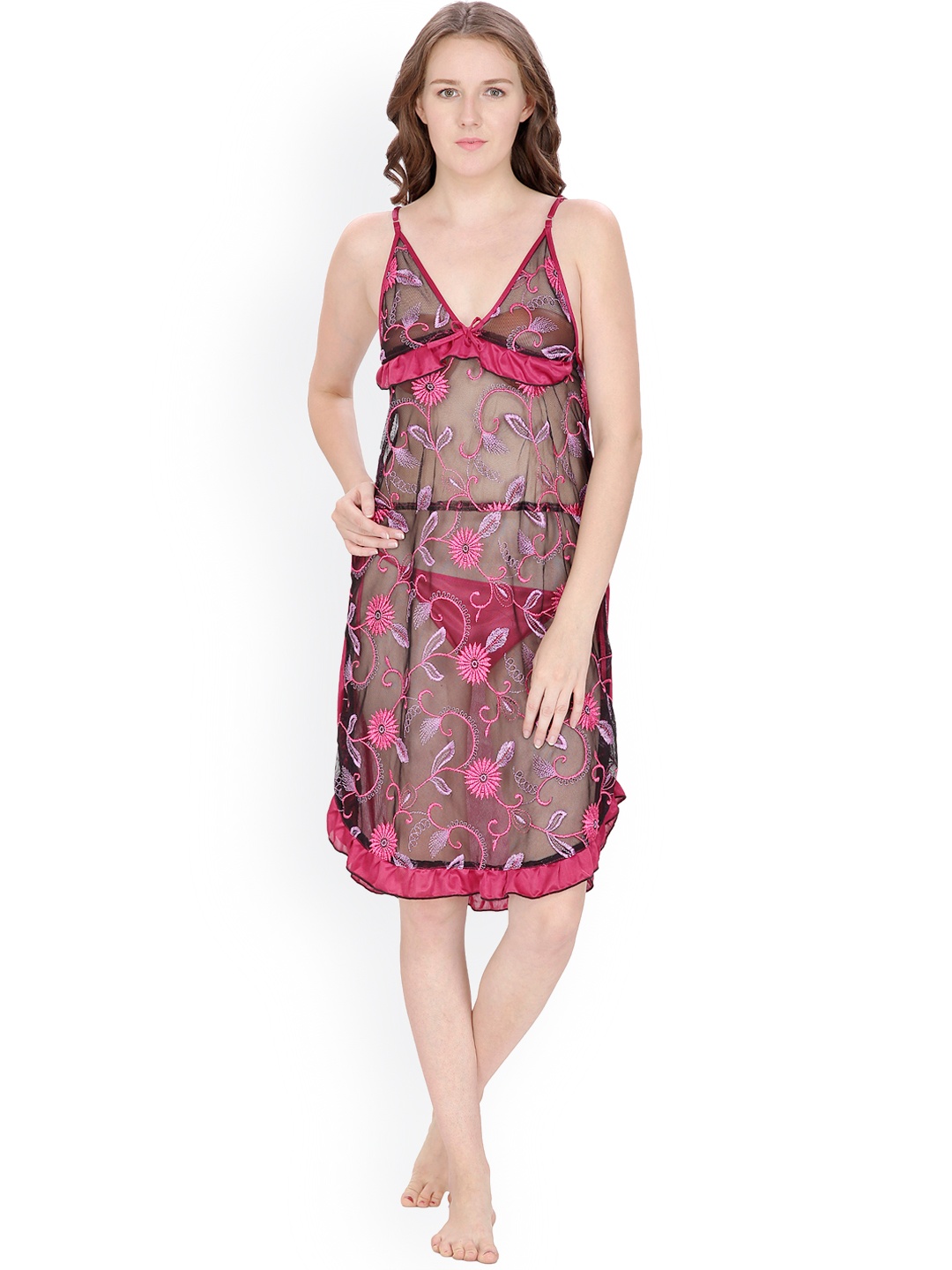 

Secret Wish Black & Magenta Sheer Embroidered Baby-Doll BD-E25-290