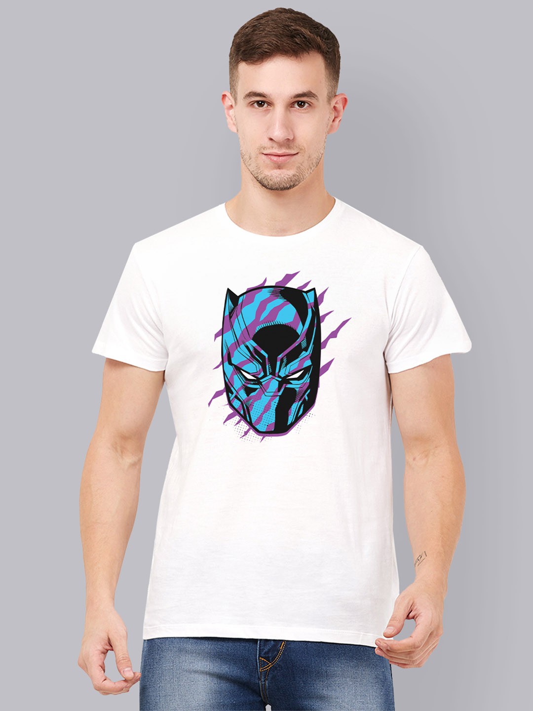 

Free Authority Men White Grey Black Panther Print Pure Cotton T-shirt