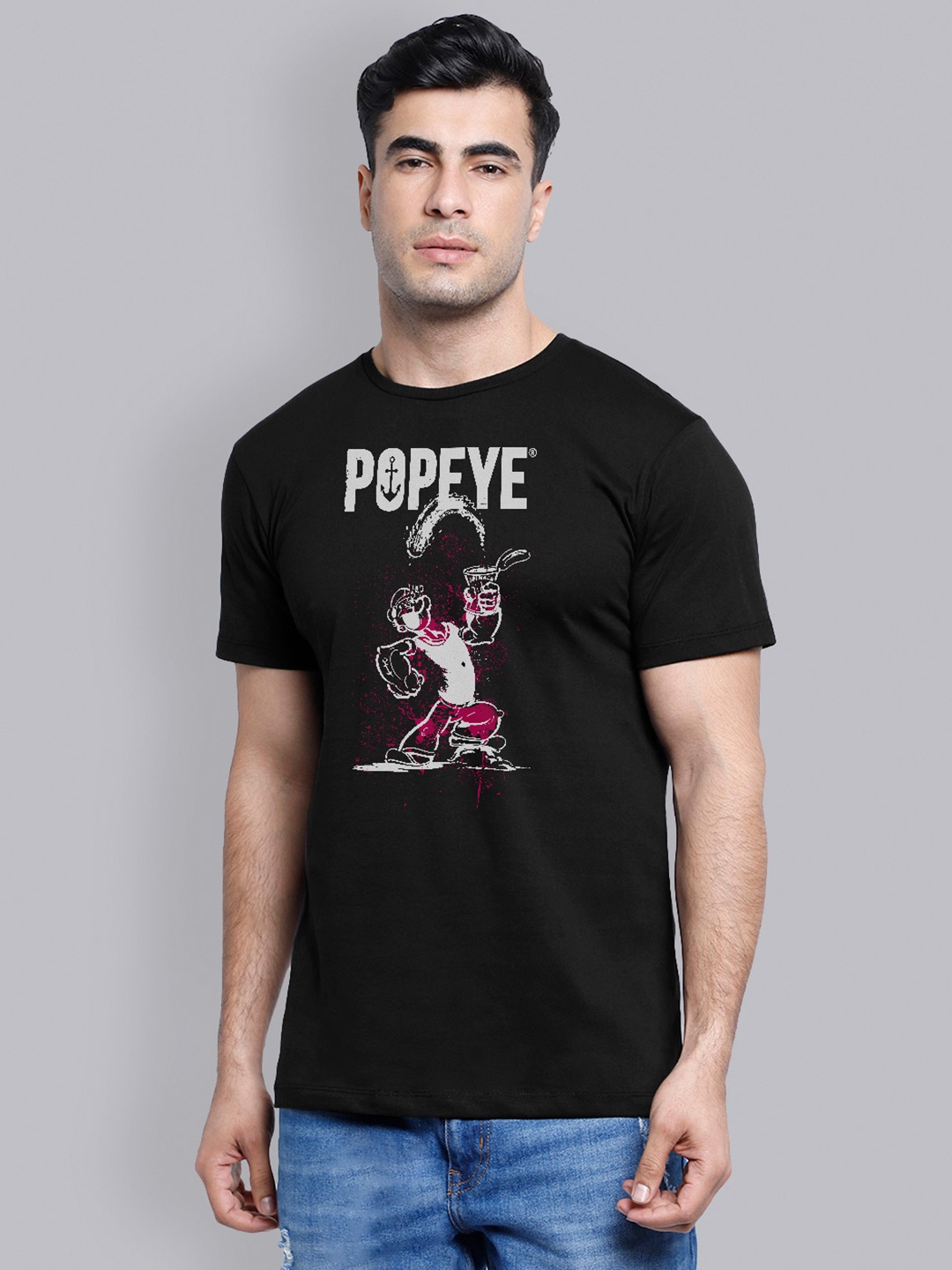 

Free Authority Men Black Popeye Printed Round Neck T-shirt