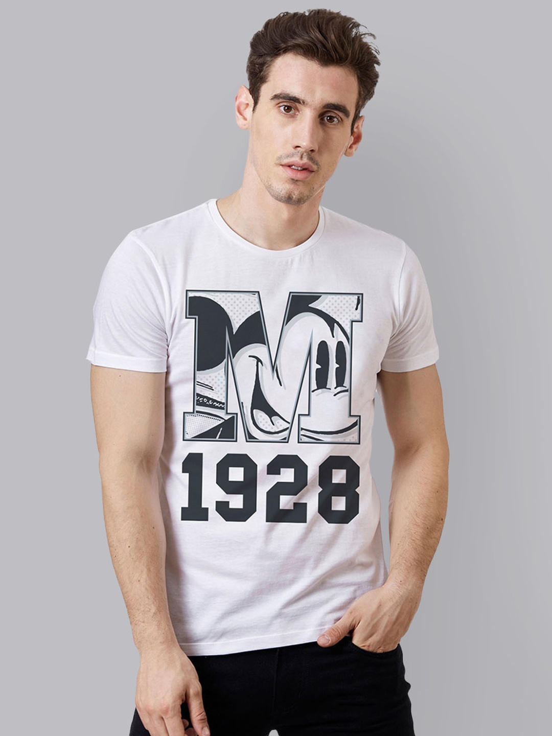 

Free Authority Men White Black Mickey Mouse Printed Round Neck Pure Cotton T-shirt