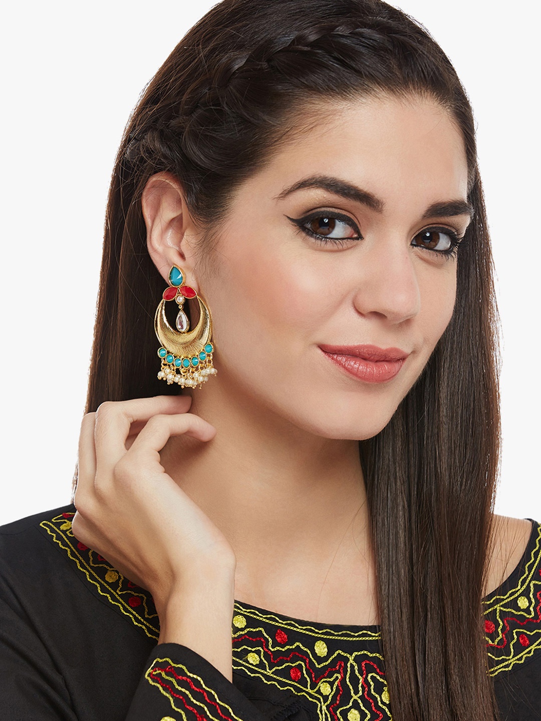 

PANASH Gold-Toned & Teal Contemporary Chandbalis
