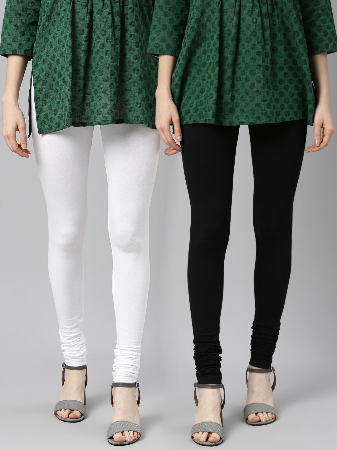 

HERE&NOW Women Pack of 2 Solid Churidar Length Leggings, White