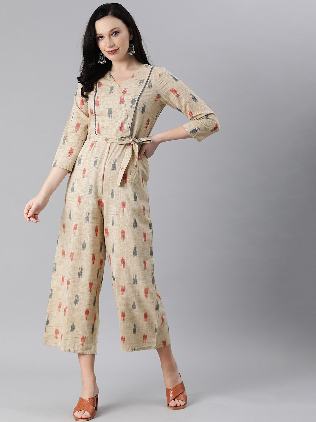 

Global Desi Beige Woven Design Waist Tie-Up Culotte Jumpsuit