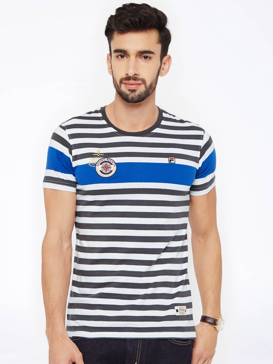 

FILA Men White Striped Round Neck T-Shirt