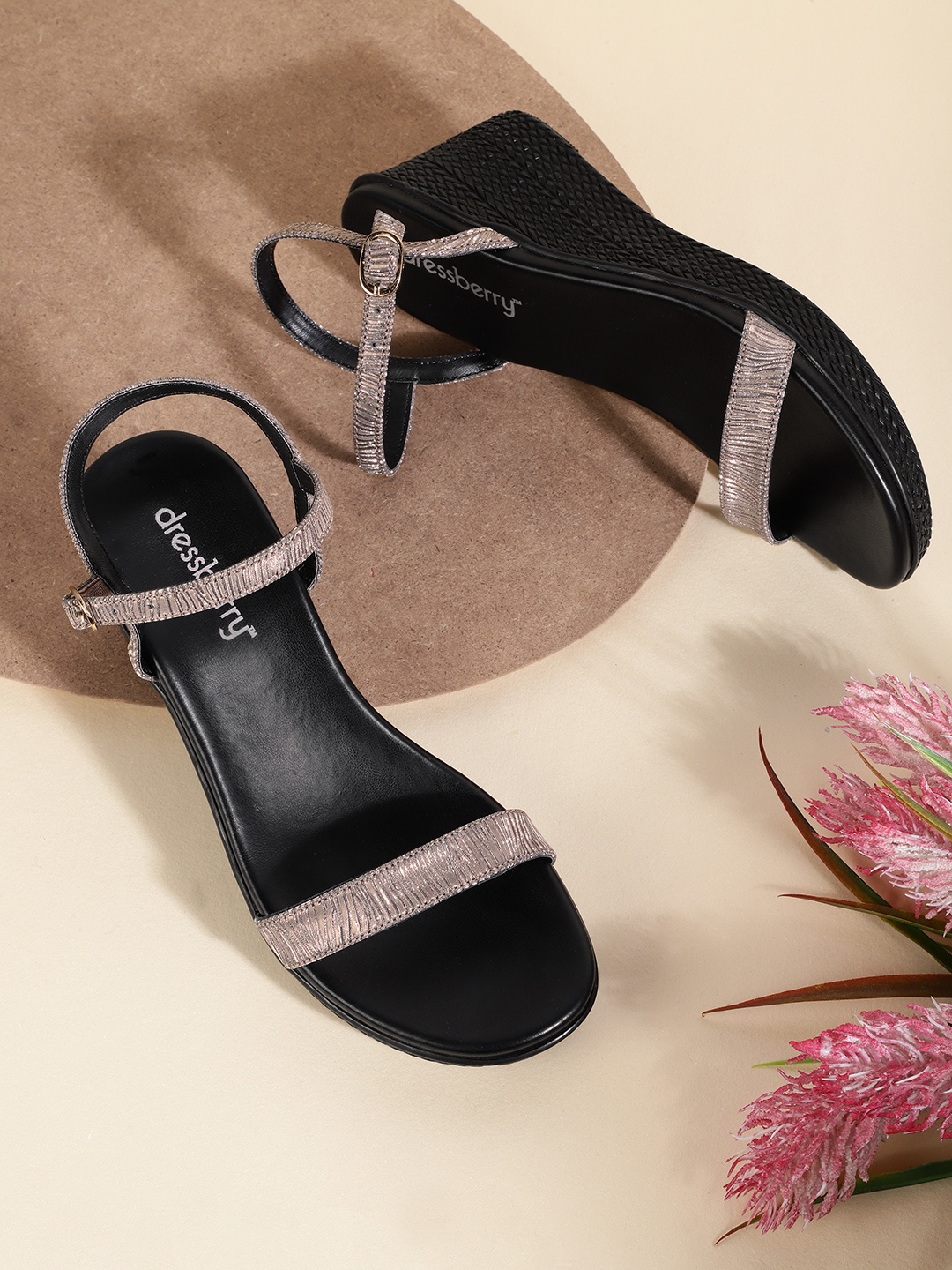 

DressBerry Women Brown & Gunmetal-Toned Textured Wedge Heels