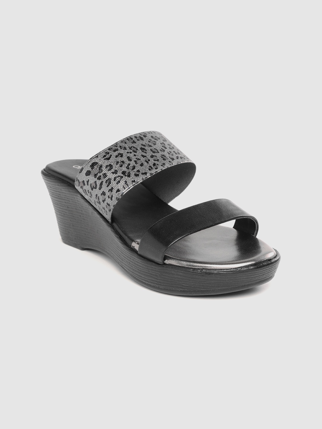 

DressBerry Black & Grey Leopard Printed Wedges