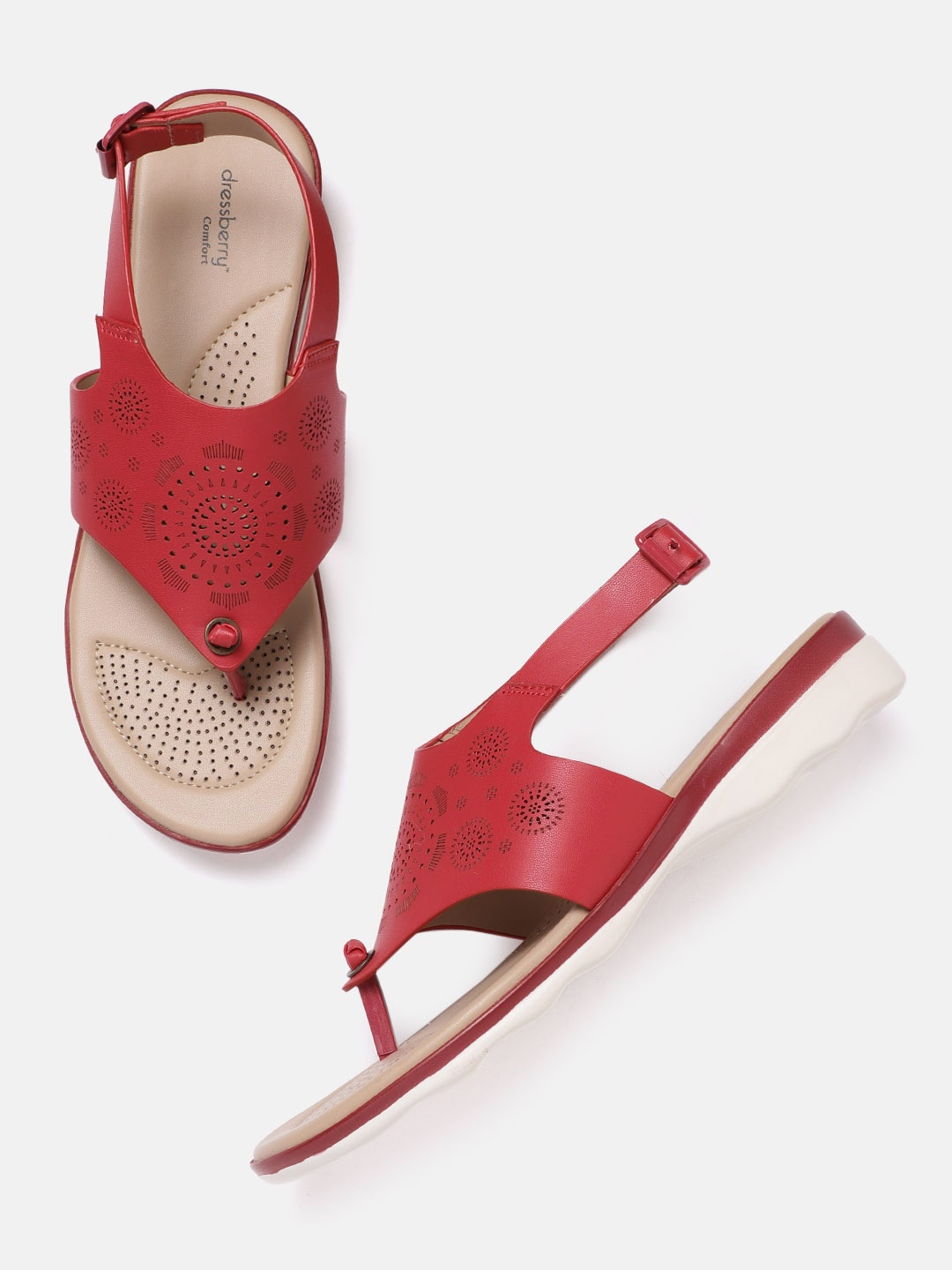 

DressBerry Women Red T-Strap Flats with Laser Cuts