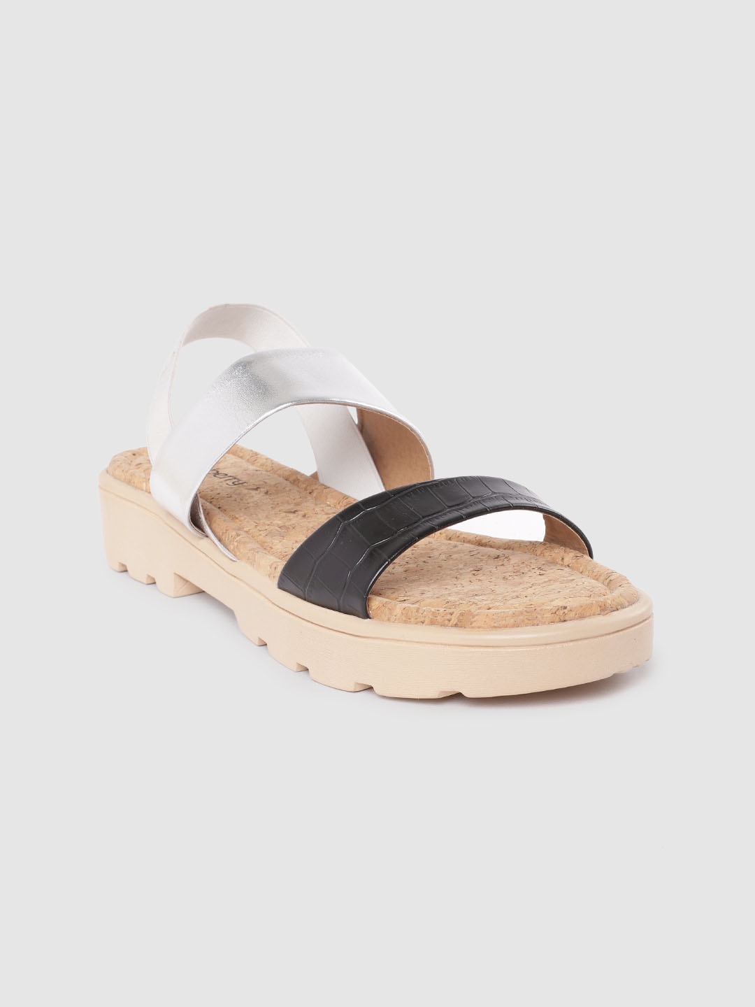 

DressBerry Women Black & Silver-Toned Croc Textured Open Toe Flats