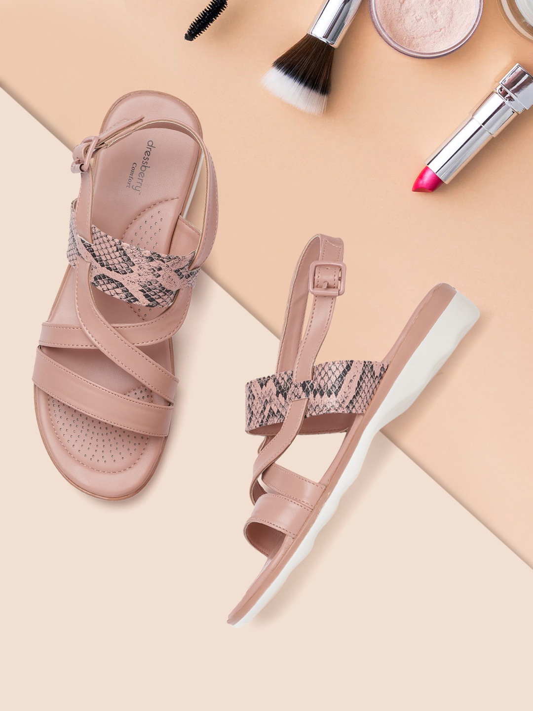 

DressBerry Women Pink & Black Snakeskin Textured Open Toe Comfort Flats
