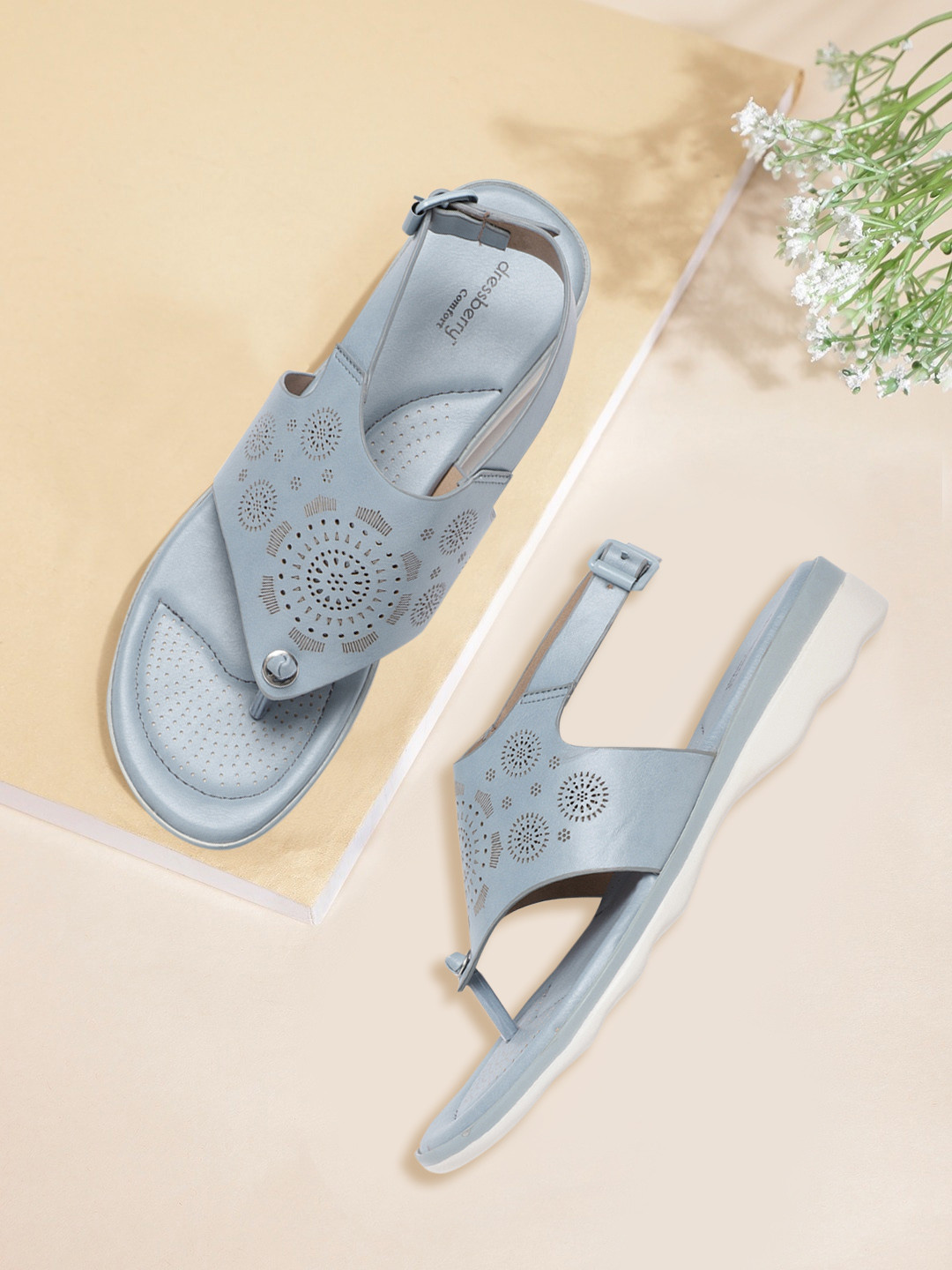 

DressBerry Women Blue T-Strap Flats with Laser Cuts