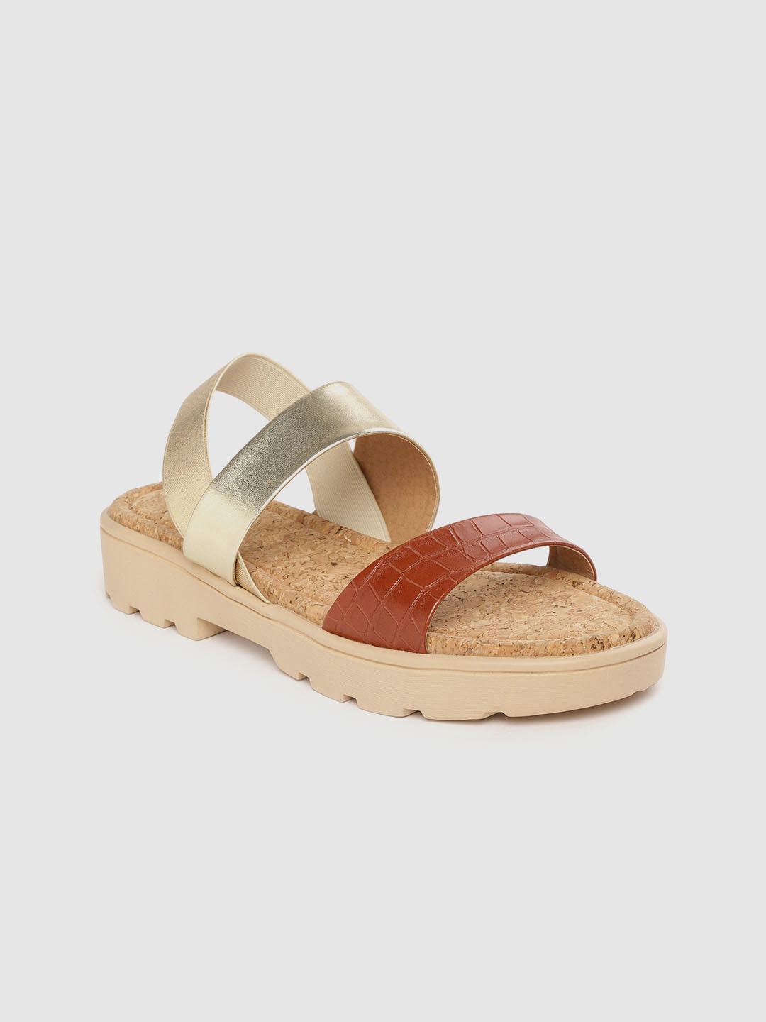 

DressBerry Women Brown & Gold-Toned Croc Textured Open Toe Flats