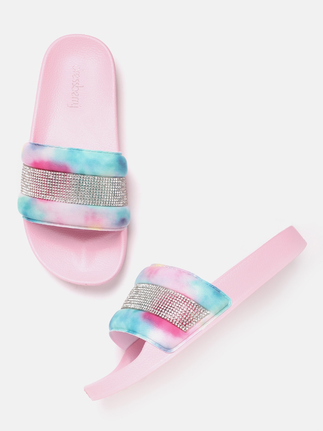 

DressBerry Women Pink & Blue Dyed & Studded Open Toe Flats