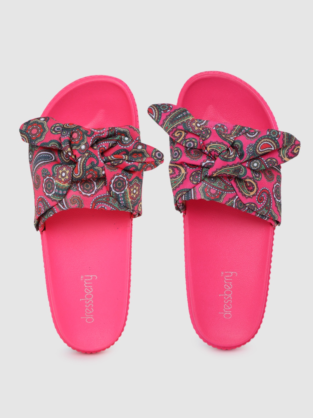 

DressBerry Women Pink & Green Ethnic Motifs Print Sliders with Knot