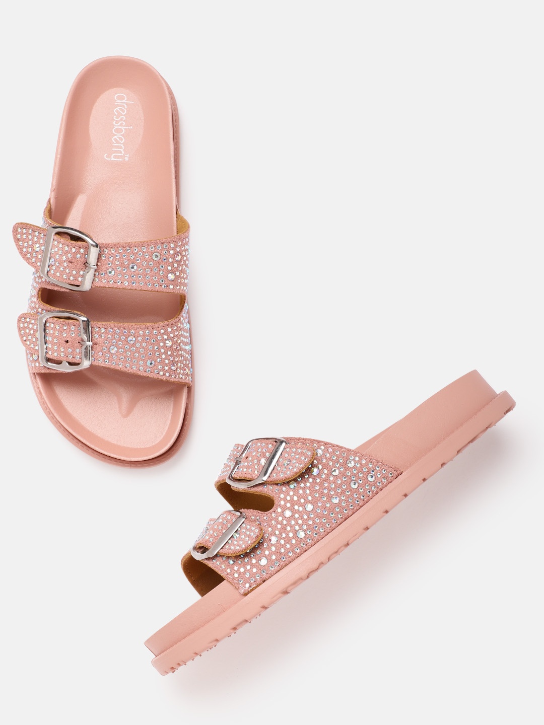 

DressBerry Women Peach-Coloured & Silver-Toned Studded Flip Flops