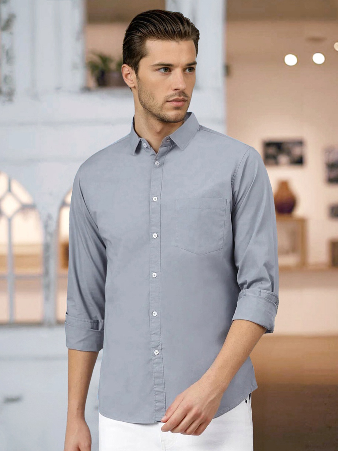 

Dennis Lingo Men Grey Slim Fit Solid Casual Shirt