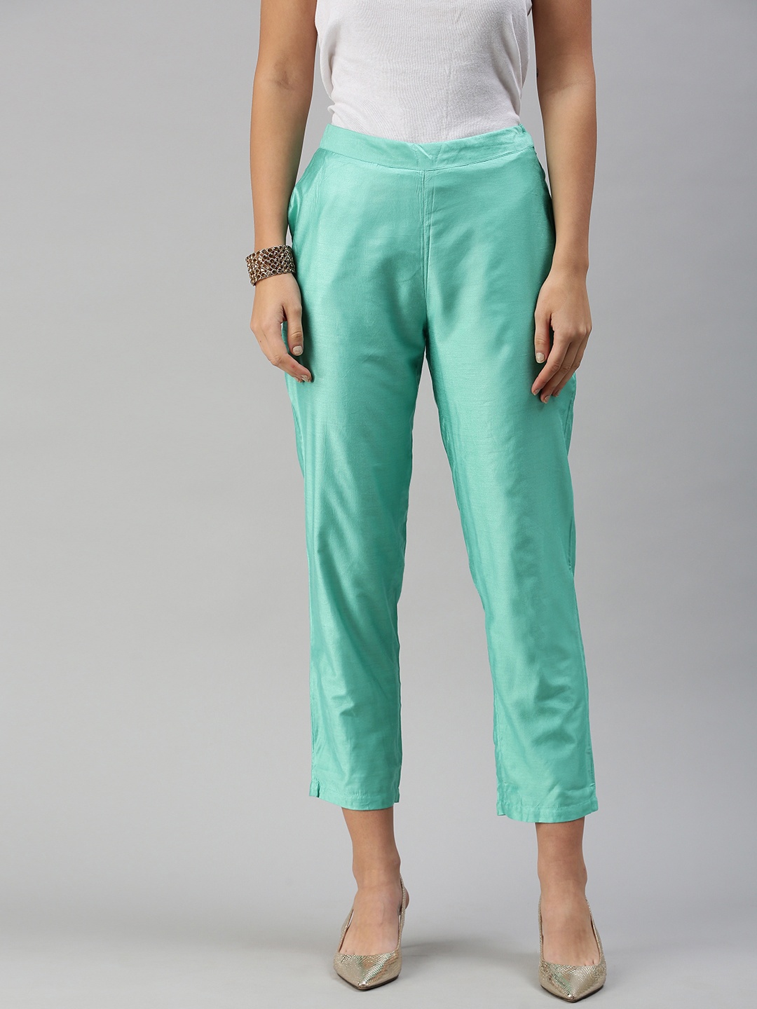 

Global Desi Women Green Straight Fit Cigerette Trousers