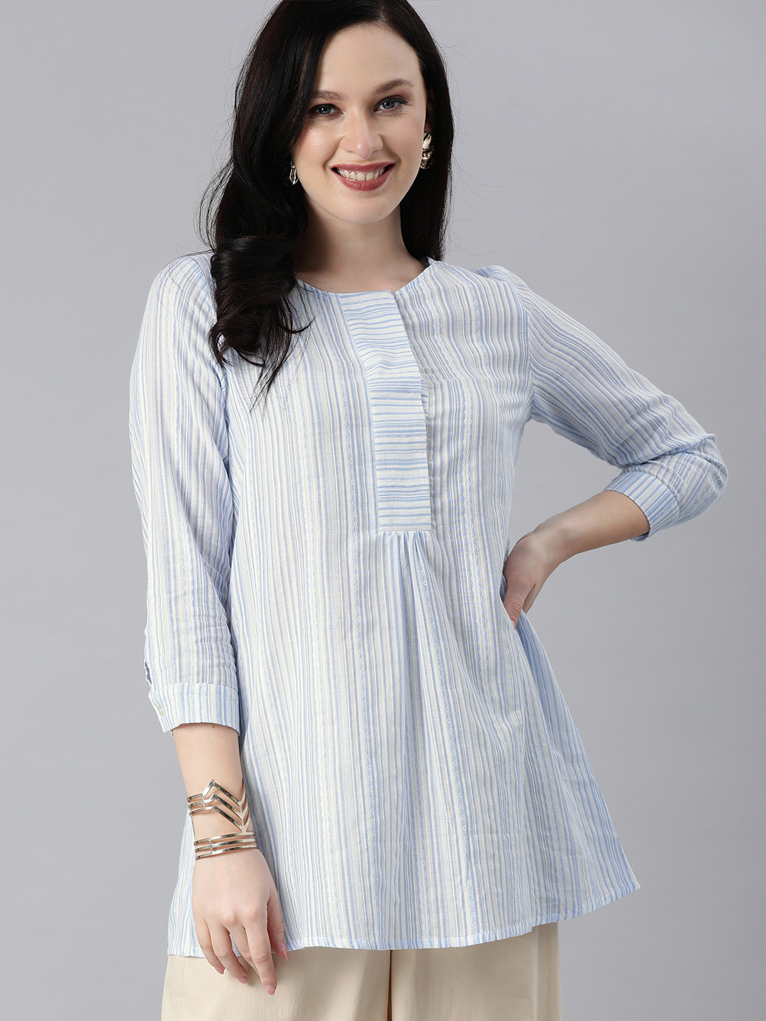 

Global Desi White & Blue Striped Pleated Tunic