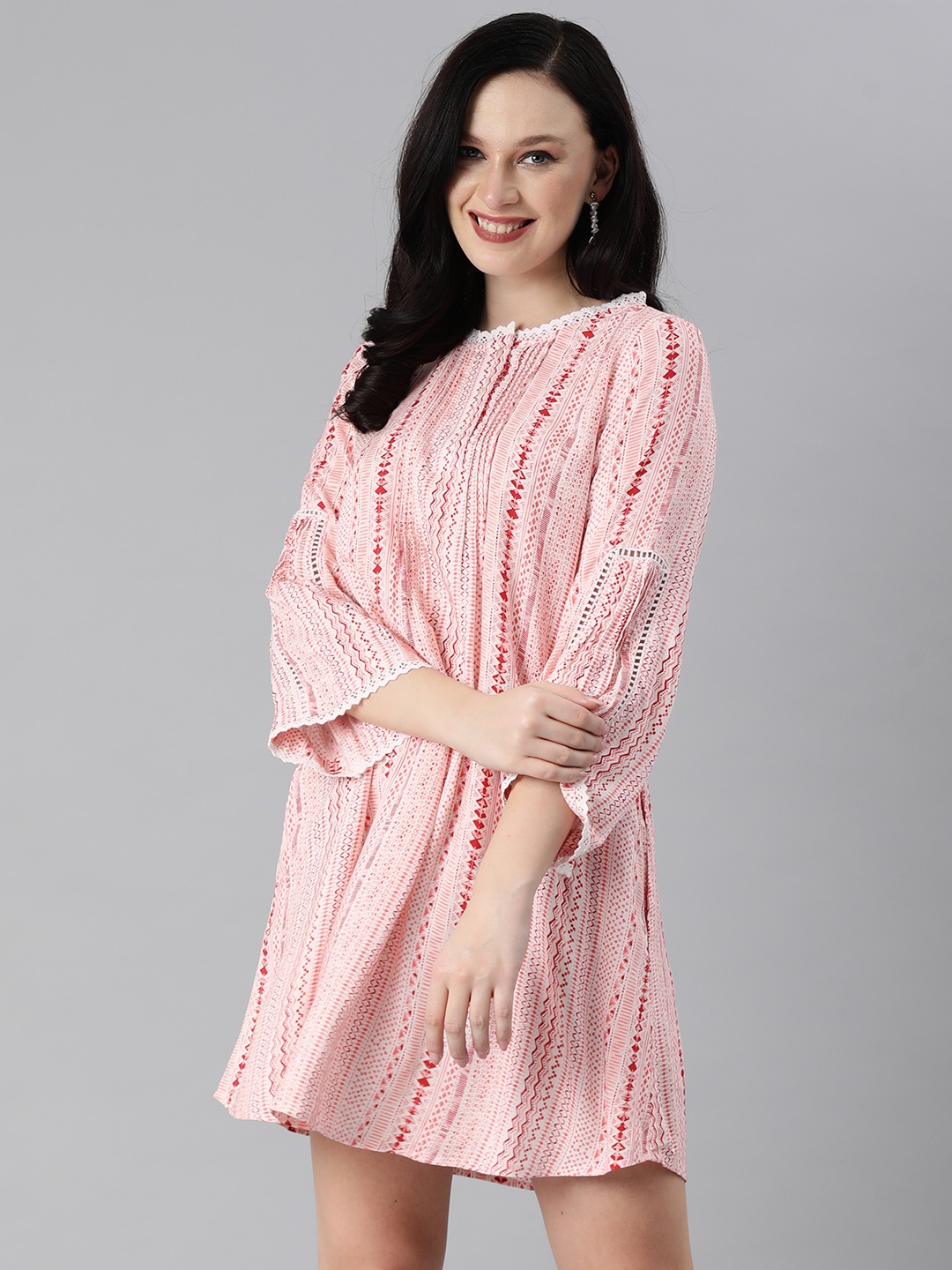 

Global Desi White & Red Printed A-Line Dress With Lace Inserts