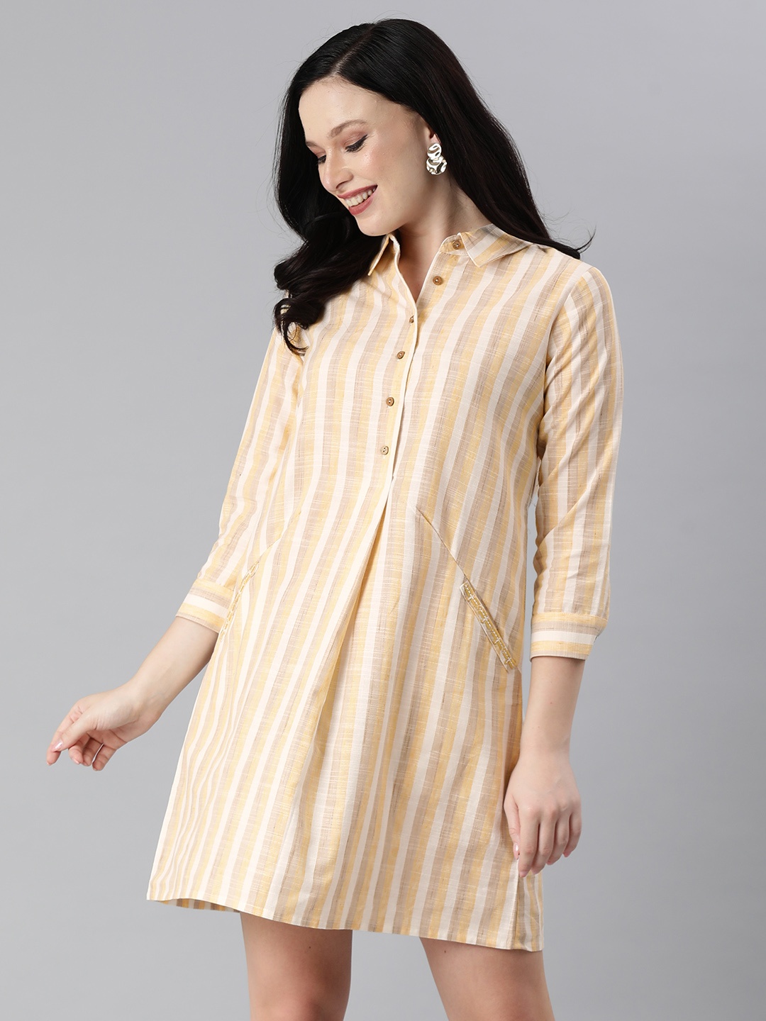 

Global Desi White & Beige Striped Shirt Dress