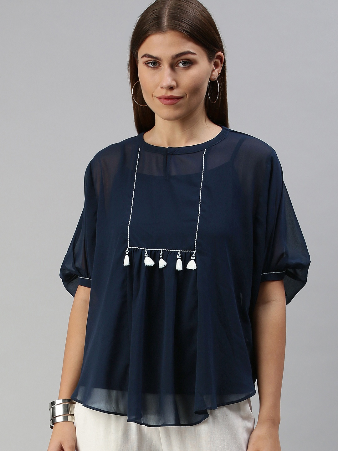 

Global Desi Women Navy Blue Round Neck Puff Sleeves Blouson Top