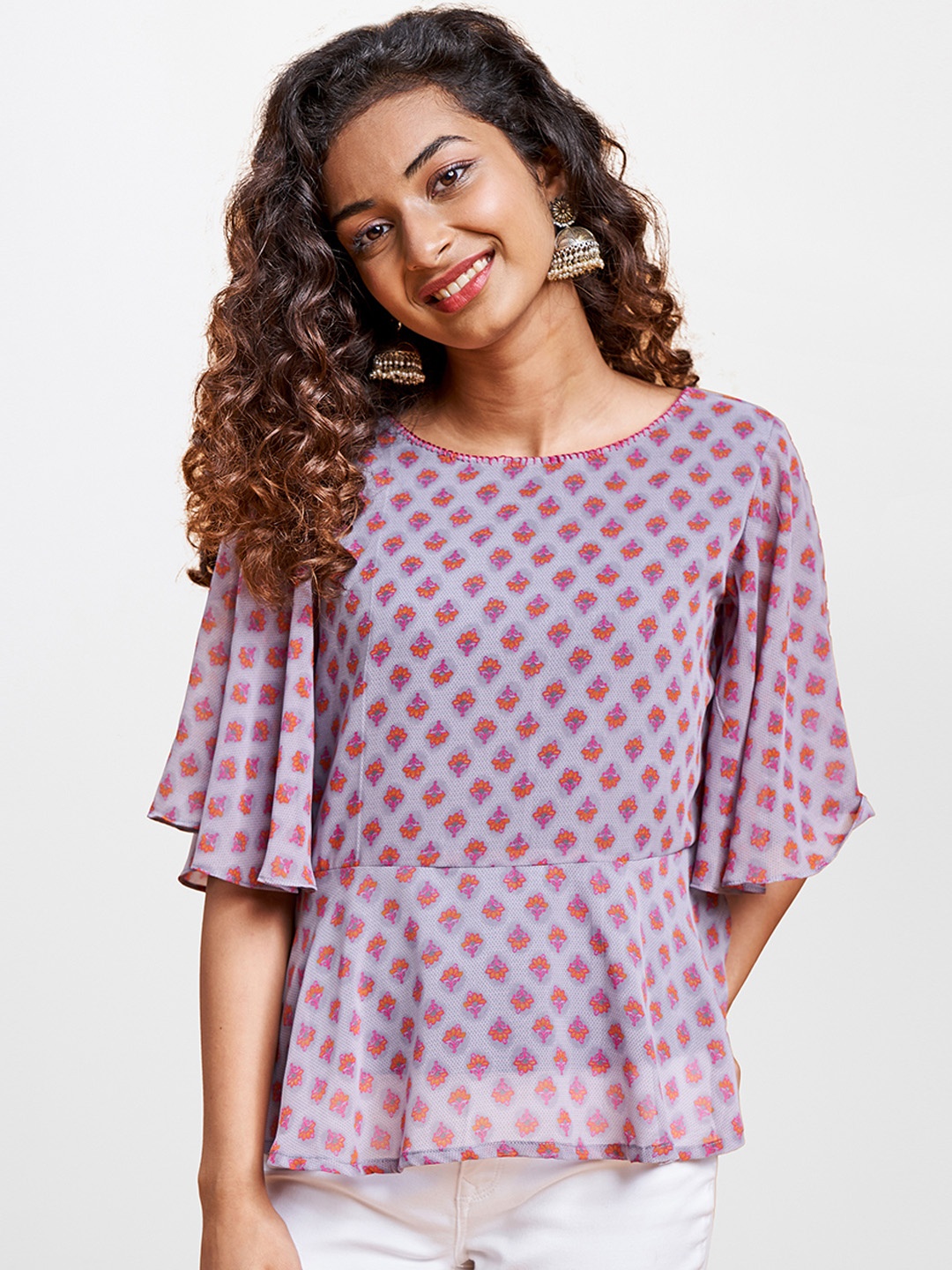 

Global Desi Women Purple & Grey Floral Print Flared Sleeves Peplum Top With Tie-up Detail