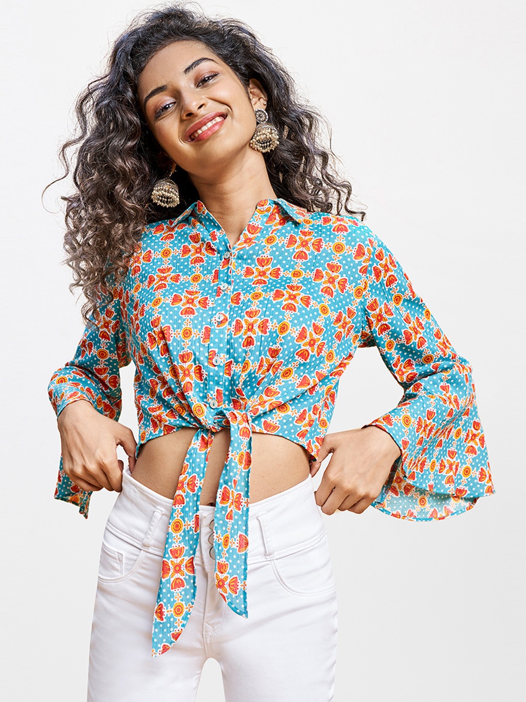 

Global Desi Women Blue & Orange Floral Bell Sleeve Shirt Style Crop Top