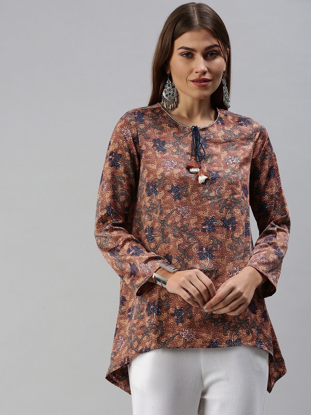 

Global Desi Brown & Blue Floral Tie-Up Neck Long Sleeves High-Low Top