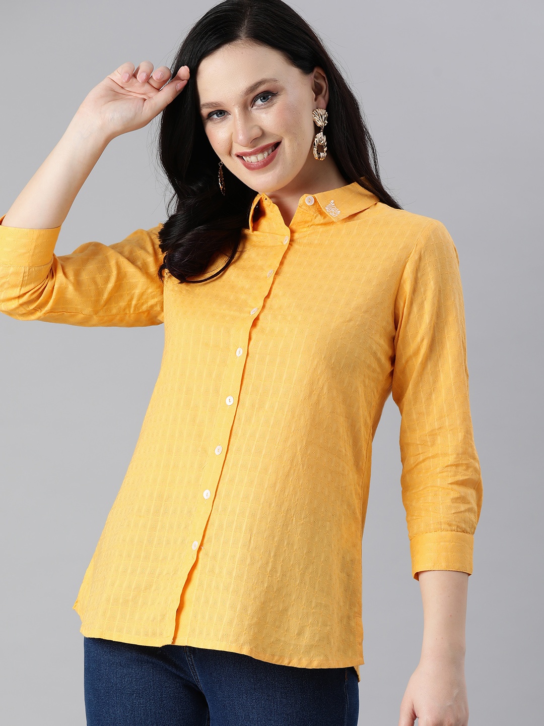 

Global Desi Mustard Yellow Self Design Shirt Style Top With Embroidery