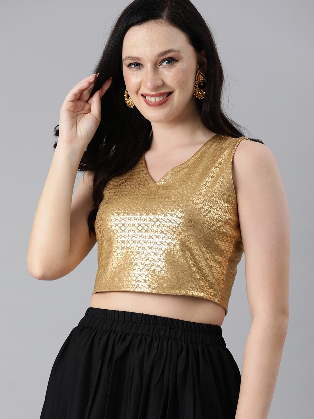 

Global Desi Beige & Gold-Toned Geometric Foil Print Regular Crop Top