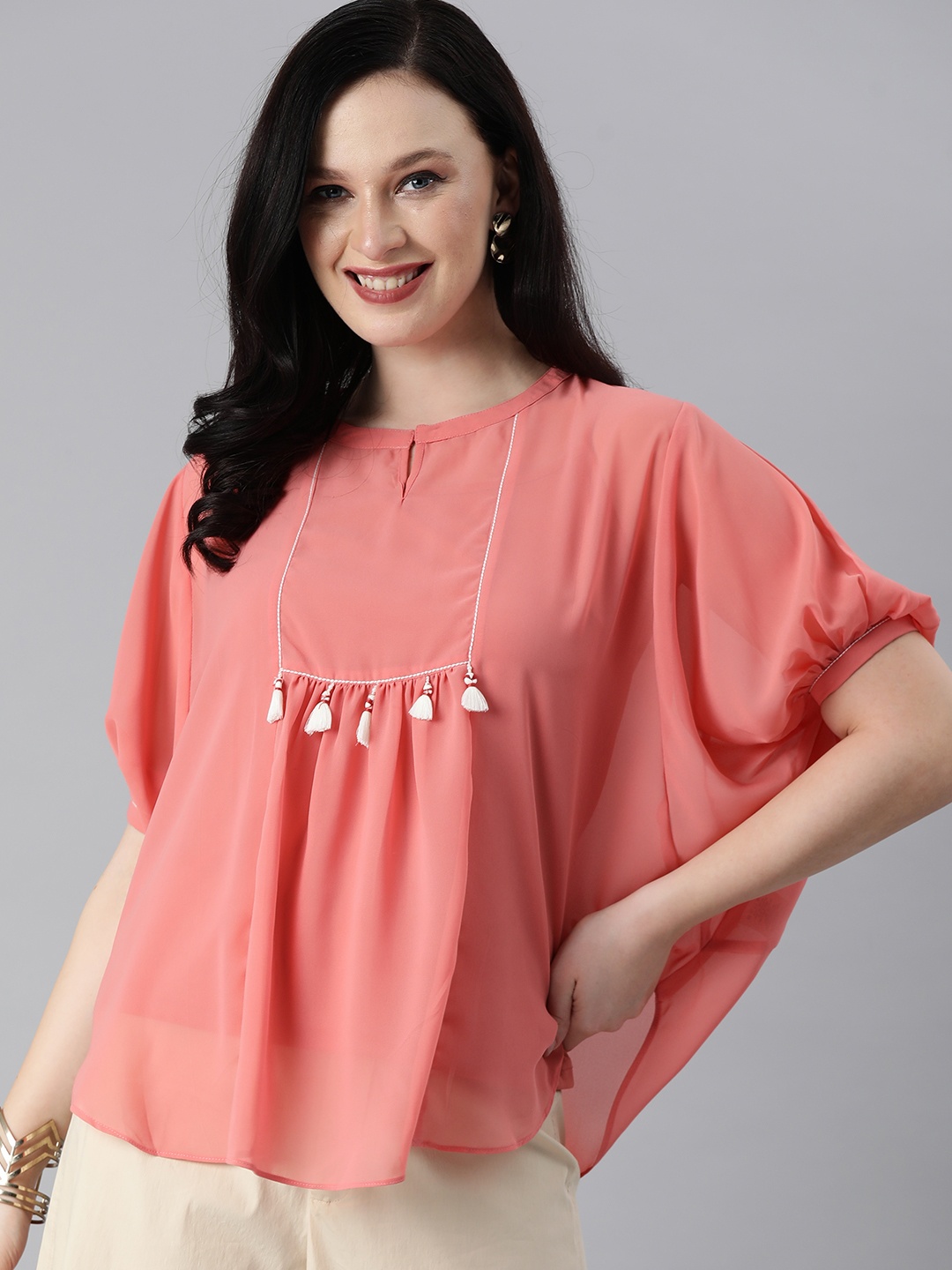 

Global Desi Pink Tasseled Batwing Sleeves Styled Back Top