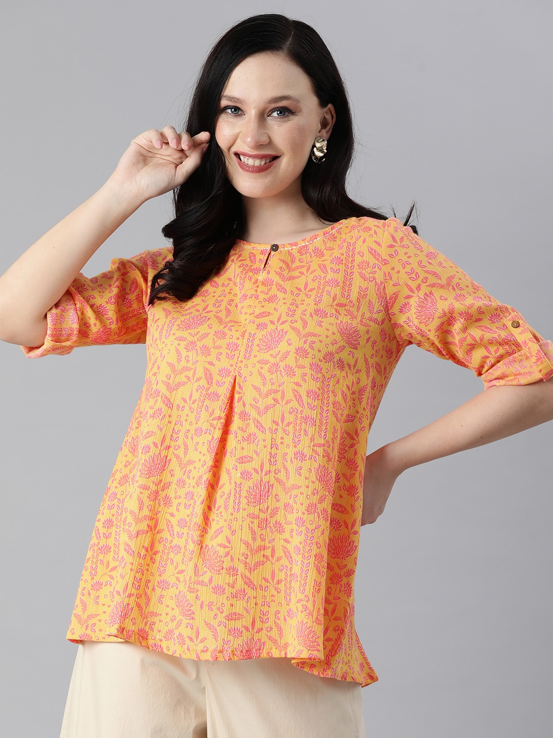 

Global Desi Yellow & Pink Floral Roll-Up Sleeves Regular Top