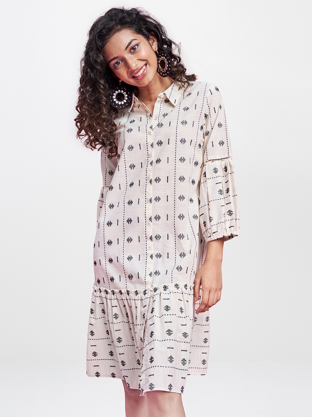 

Global Desi Off White & Black Printed Flounce Shirt Dress